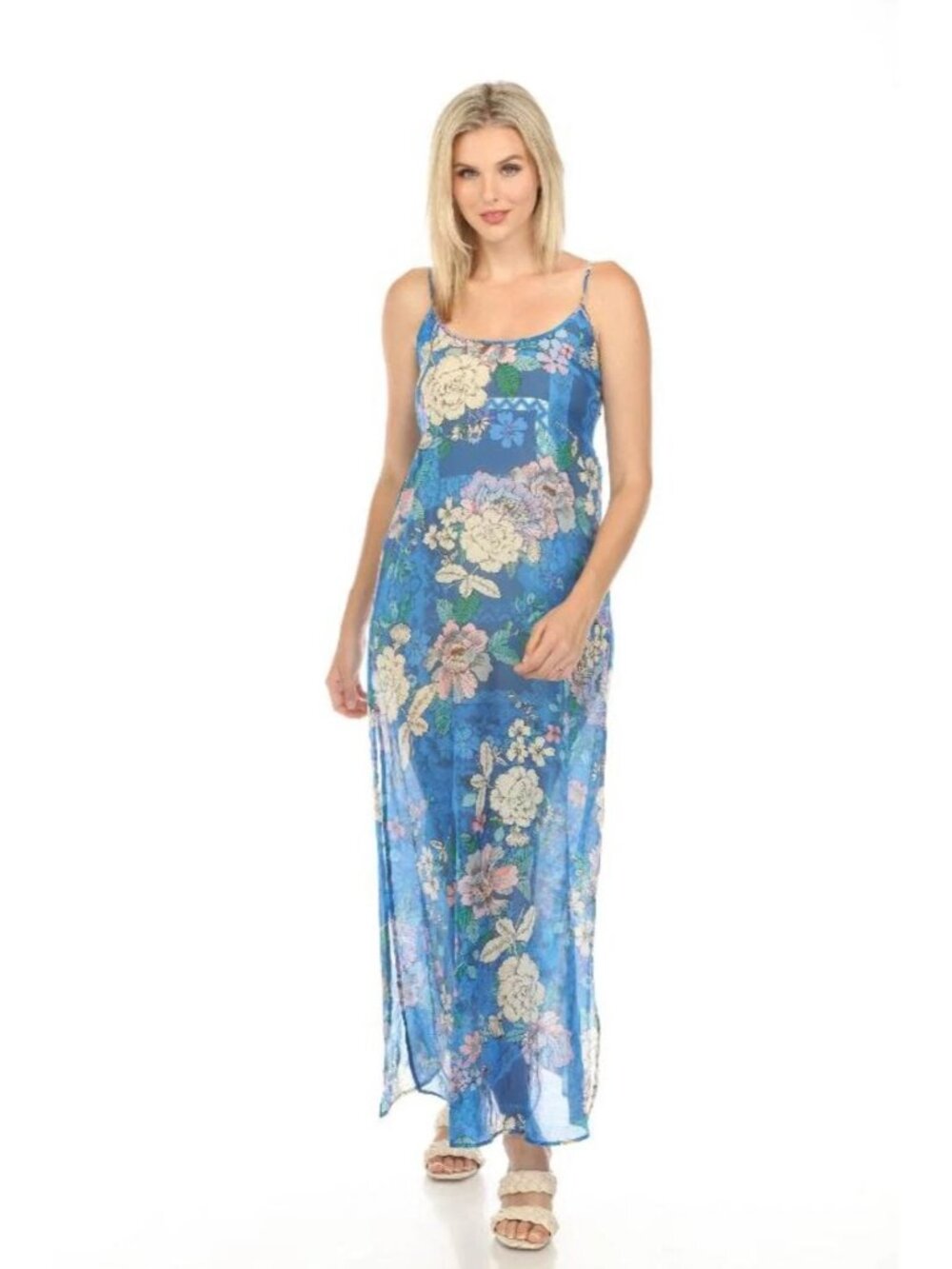 Johnny Was NEW NWT XL Blue Dove Back Strappy Sheer Maxi Dress